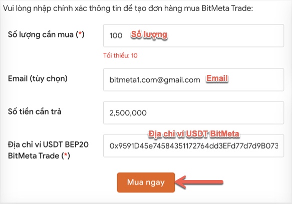 Điền vào biểu mẫu mua bitmeta trade