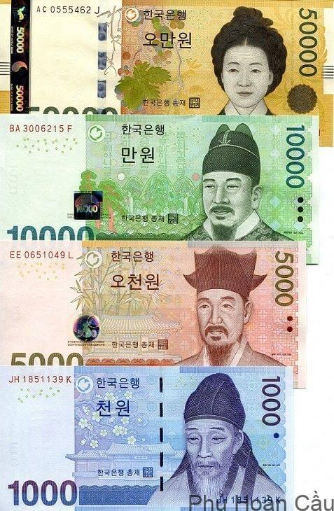Hình ảnh tiền giấy Hàn Quốc đang lưu thông