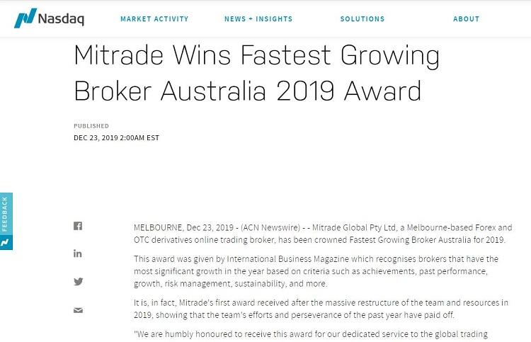 Tin đoạt giải về Mitrade trên NASDAQ